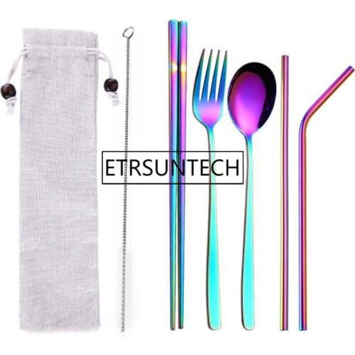 50sets Colorful Portable Outdoor Dinnerware Set Spoon, Fork, Chopsticks, Drinking Straw and Cleaning Brush
