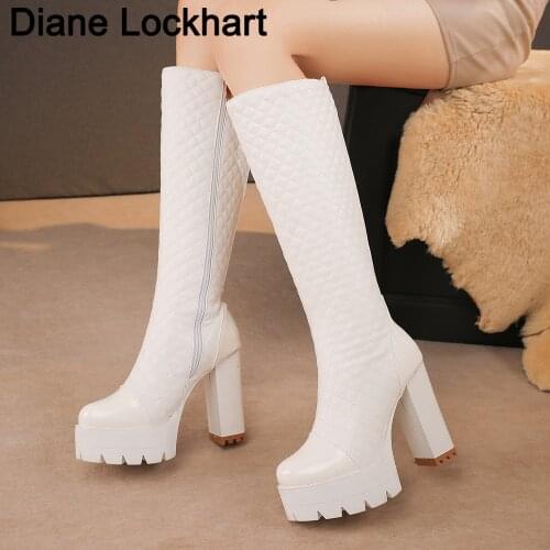 New Womens Sexy Winter Warm Knee High Boots Women Black Thick High Heel Snow Boots Woman Super Platform Long Boot White Shoes