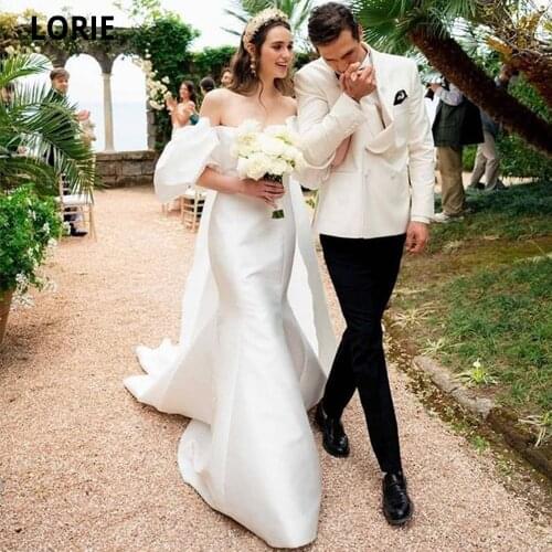 LORIE Mermaid Satin Wedding Dress Cape Puff Sleeves Sexy Strapless Backless Sweep Train Bride Gown 2021 Vestidos De Novia