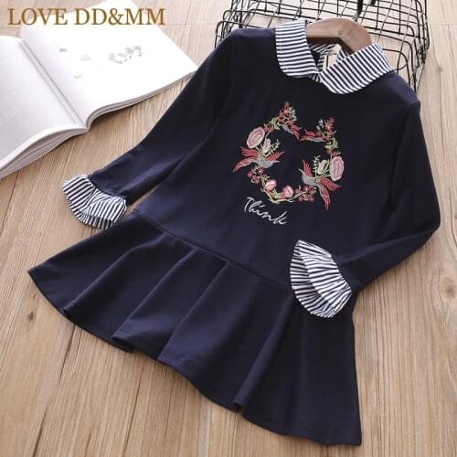 LOVE DD&MM Girls Dresses 2021 Childrens Clothing Girls Long-Sleeved Striped Collar Embroidery Fake Two-Piece Dress