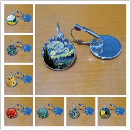 Fashion Silver Color Simple Style Earings Van Gogh Famous Artist Starry Night Stud Earrings Glass Cabochon Jewelry Women Gifts