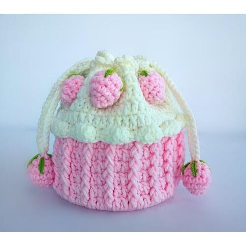 Cute Strawberry Cake Drawstring Bag Fashion Creative Small Handmade Woven Bucket Bag