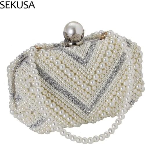 White Pearl Wedding Clutch Bag Party Purse and Handbag Womens Evening Bag Luxury Design Chain Shoulder Bag