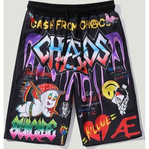 Street Hip Hop Mens Shorts Cartoon Pattern Graffiti Printed Beach Pants Summer Fashion Casual Breathable Oversized Mens Shorts