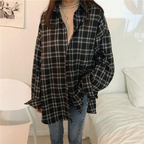 2021 New Spring and Autumn Middle Long Loose Falling Shoulder Long Sleeve Turndown Collar Plaid Shirts Women Y412