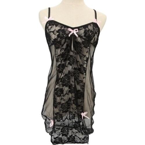 Women' s Super Sexy Exotic Apparel Deep V Neck See Through Spaghetti Strap Bowknot Decor Nightwear Sleepwear Dress