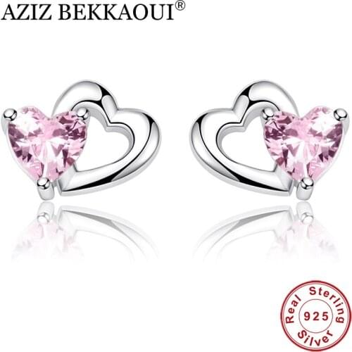 AZIZ BEKKAOUI Authentic Fashion 925 Sterling Silver Pink CZ Heart to Heart Stud Earrings for Women Sterling Silver Jewelry
