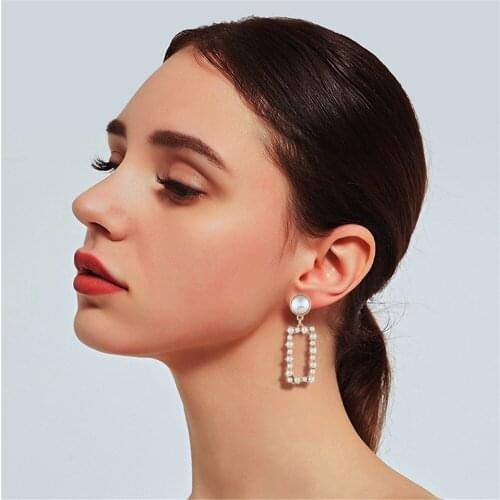 CRLEY Simulated Pearl Drop Earrings Jewelry For Women Square White Statement Earrings Geometric Charm Party Wedding Earring