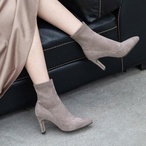 2020 winter Suede women boots high quality pointed toe high heel stretch boots shoes short womens boots solid color sock boots