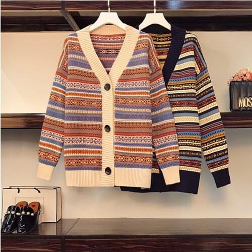 Female Striped Knitted Coat Vintage Knitwear Tops Multi-size Fall Winter Streetwear Women Sweaters Cardigan Loose Chic New