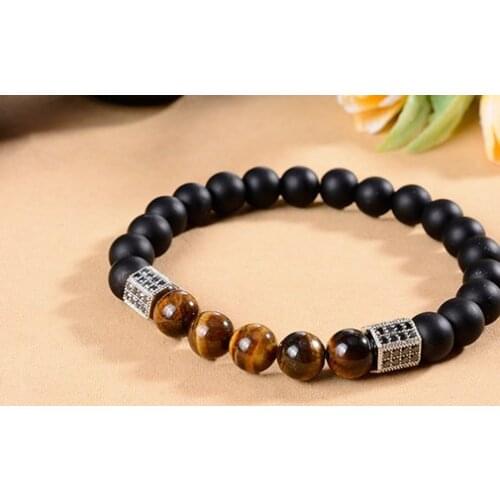 8mm iolo4 silver gold copper tube micro pave cz zircon cubic zirconia Bracelet yellow Tigereye black Frosted agate Onyx bead