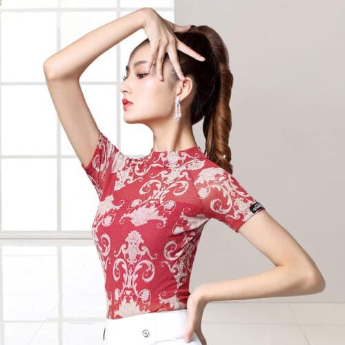 Doubl Latin Dance Practice Wear Adults Ballroom Costume Social Latin DanceWear shirt Short Sleeve Standard Practice High-neck