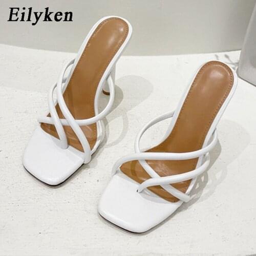 Eilyken 2021 Fashion Female Square Toe Womens Slipper Sandals Sexy Mules High Heel Slides Ladies Summer Rome Shoes Flip Flops