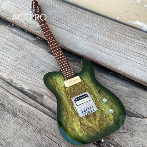 ACEPRO Electric guitar with Green Burst Spalted Maple top, Roast Maple Neck, Chrome Hardware, Abalone dots inlays