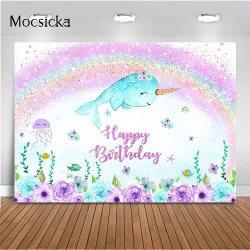 Girl Narwhal Birthday Backdrop Under the Sea Purple Flowers Photo Background Glitter Rainbow Birthday Party Decoration Banner