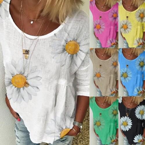 T-shirt oversize long Women 5XL top O-Neck Printed Loose Sunflower Tunic Shirt off white t-shirt Vogue Boho mujer Tees cotton