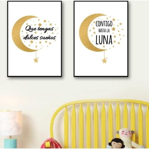 Spanish Sweet Dreams Quotes Bedroom Wall Art Canvas Painting Moon Stars Love Quote Posters and Prints Picture Kids Room Decor