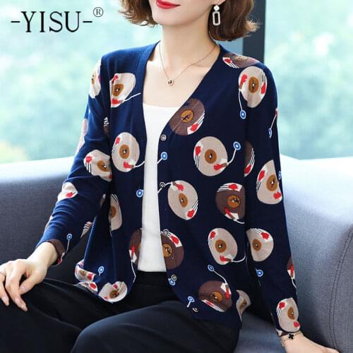 YISU Woman clothing Cardigan V-Neck Cardigan Coat Printing Long sleeve Sweater Spring Autumn Tops Knitted Coats Female