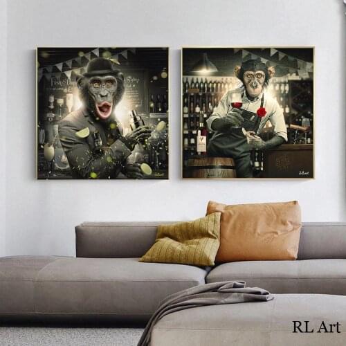 Griffiti Modern Monkey Drinking Red Wine at the Bar Canvas Painting Animal Posters and Prints Wall Art Pictures Room Decor
