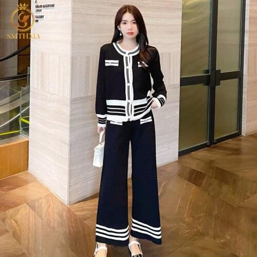 New Winter Temperament Small Fragrance Contrast Long-Sleeved Single-Breasted Top +High Waist Wide-Leg Pants Two-Piece Suit
