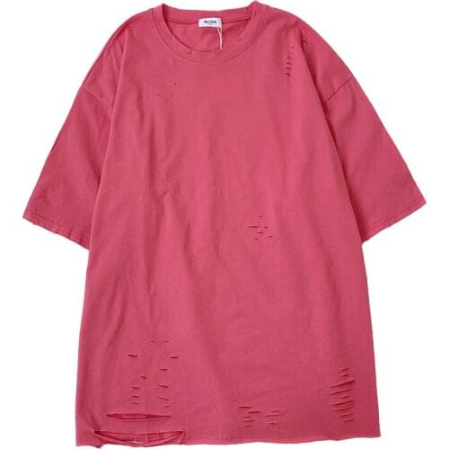 Street hole rose red summer o neck loose thin mid-length short-sleeved T-shirt