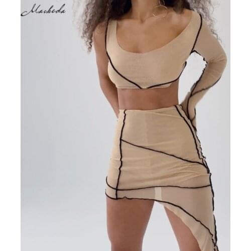 Macheda Autumn Sexy Mesh See through Two Piecs Set Women Slim Long Sleeve Crop Top And High Waist Irregular Skirt Lady Clothing