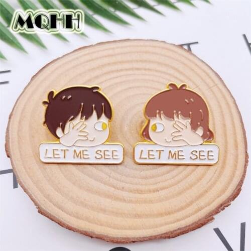 Cartoon Cute Boy Girl Head Portrait Couple Enamel Pins LET ME SEE Fun Alloy Brooch Badge Clothes Accessories Woman Jewelry Gift