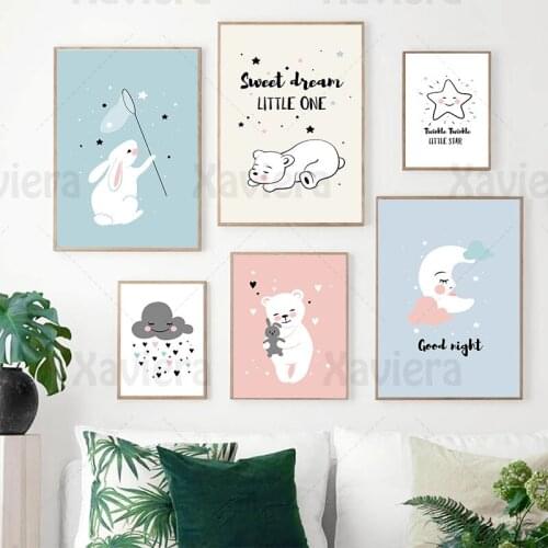 Cartoon Animal Bear Rabbit Nordic Poster Wall Pictures Good Night Star Cloud Moon Canvas Painting Nursery Baby Kids Room Decor