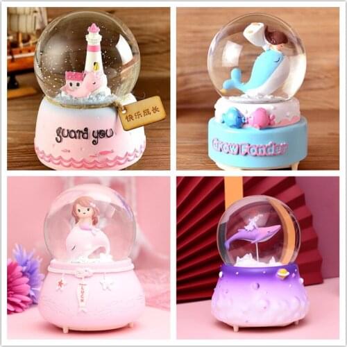 Crystal Ball Music Box Animal Dolphin Birthady Gifts Star Glowing Snowflakes Music Box Home Decoration Desktop Ornament