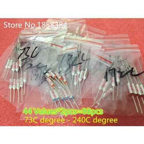 88PCS/LOT=44 Values RY 10A 250V Temperature Thermal Fuse Assortment Kit TF 65C to 285C Degree Celsius