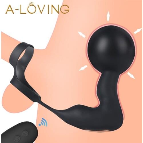 Inflatable Prostate Massager with Ring Powerfull Anal Vibrator for Men Remote Control Vibrating Anal Butt Plug Male Sex Shop