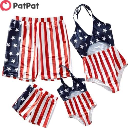 PatPat 2021 New Summer Red Stripe Stars Flag Family Matching Swimsuits Family Look Childrens Clothing