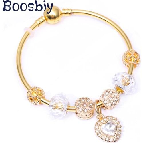 New Arrival Gold Color Snake Chain Charm Bangle With Crystal Heart Pendants DIY Fashion Brand Jewelry Gift For Women