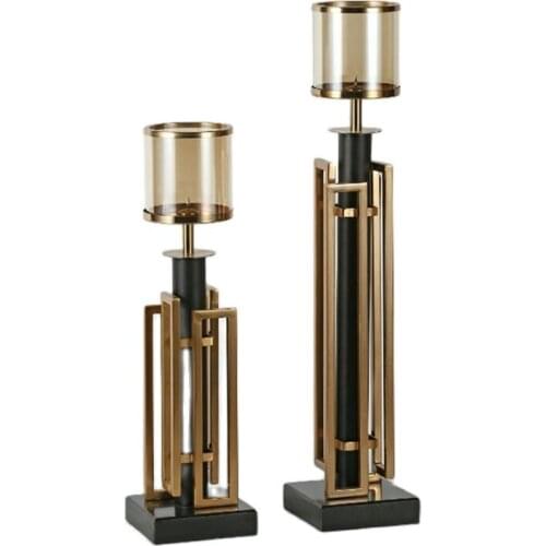 American Marble Metal Candle Holder Gold Glass Candlestick Windproof Wedding Centerpieces Living Room Home Decoration FC575