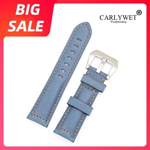 CARLYWET 22 24mm Top Watch Band Silver Brushed Buckle Sky Blue Real Leather Replacement Thick Vintage Wrist For Panerai Luminor