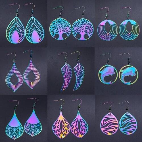 Unique Rainbow Tree of Life Fashion Drop Earring for Women Angel Wing Geometric Waterdrop Statement Earrings Dropshipping