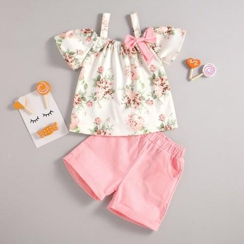 #VW Summer Kids Baby Girls Suspender Sets Strap Floral Print Bow Tops+Solid Pocket Shorts Cute Outfit Set Girls Clothes ropa