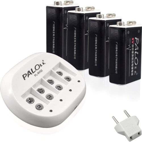 Palo 4 Slots 9V lithium Battery Charger for 9v 6f22 li-ion rechargeable Battery+4pcs 600mah rechargeable 9v Li-ion Battery