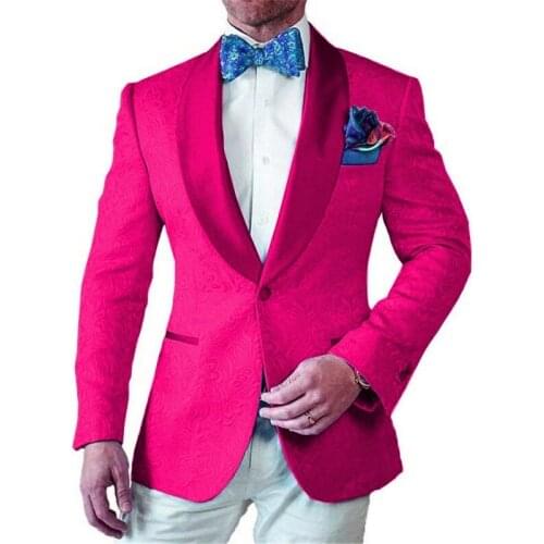 Groomsmen Hot Pink Pattern with White Groom Tuxedos Shawl Lapel Men Suits 2 Pieces Wedding Best Man ( Jacket+Pants+Tie ) C799