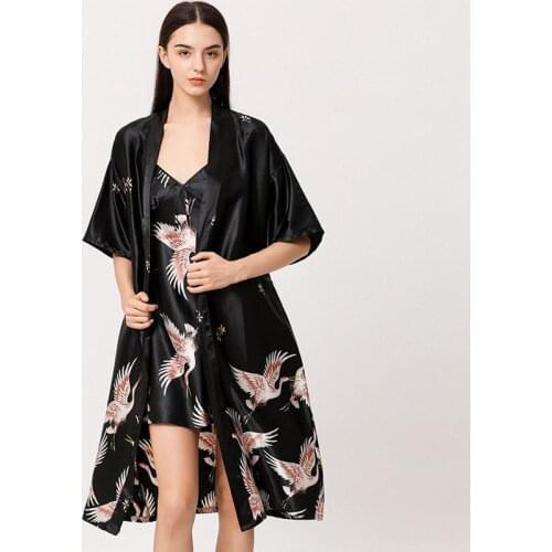 Women Nightgown Ice Silk Chinese Style Crane Print Half Sleeve Kimono Bathrobe Bride Bridesmaid Wedding Long Robe Non-suit