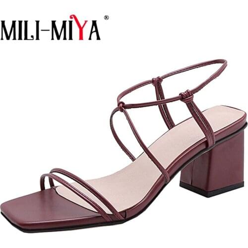 MILI-MIYA Concise Women Sandals High Quality Pu Square Toe And Heels Slip-On Dress Summer Ladies Shoes Large Size 34-43 Handmade