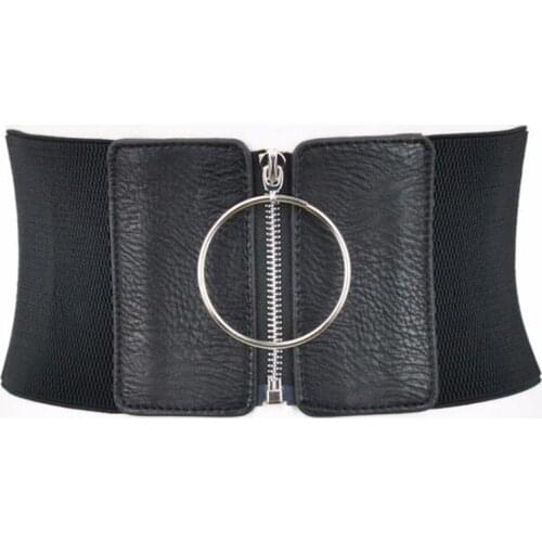 Women Ultra Wide Belt For Dresses Ladies Elastic Belts Female Big Metal Circle Ring Black Cummerbund Waist Strap New