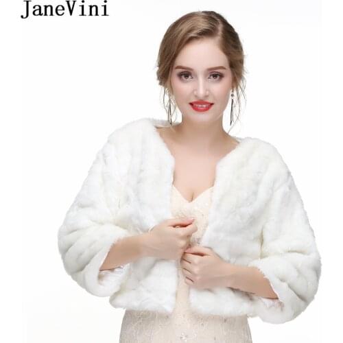 JaneVini Winter Women Long Sleeve Fur Coat White Cloak Bridal Wraps Bride Wedding Jackets Faux Fur Shawl Stoles Formal Coats