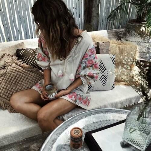 Boho floral print sleeve beach long Bohemian mini dress Ladies V neck Summer tassel dress vestidos