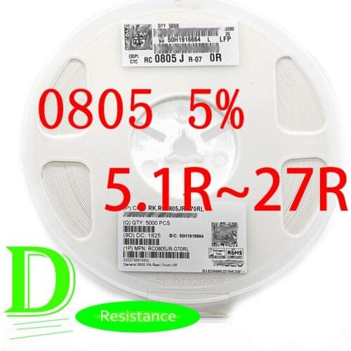 100PCS SMD Resistor 0805 5% RC0805JR-07 Series 5.1R 5.6R 6.2R 6.8R 7.5R 8.2R 9.1R 10R 11R 12R 13R 15R 16R 18R 20R 22R 24R 27R