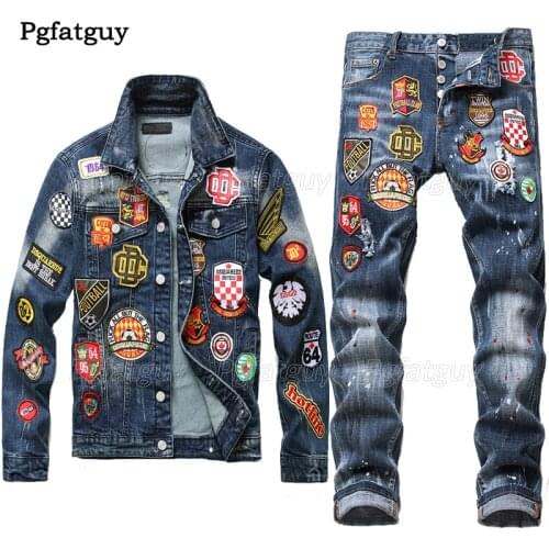 2020 Personality Badge Jacket Jeans 2 Piece Set Mens Retro Reppied Slim Denim Jacket + Hole Multi-badge Stretch Jeans 2PCS Sets