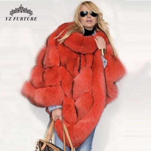 2020 Red Womens Real Fur Fox Coat Natural Silver Fox Fur Coat Ponchos Striped Capes One Piece Female Winter Thick Shawl
