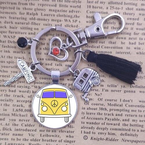 25MM Time Gem Charm Camping Card New Vintage Hippie Peace Sign Van Classic Bus Keychain Key Ring Tassels Men Male Gift BP041-080