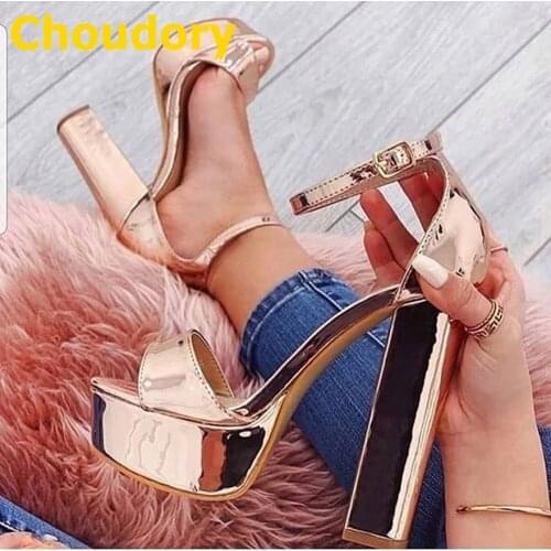 Choudory Rose Gold Bright Mirror Leather Platform Sandals Ankle Buckle Strap Chunky Heel Wedding Shoes Champagne Banquet Pumps