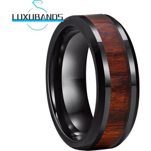 Black Beveled Tungsten Carbide Rings For Women Men 8MM Wood Inlay Wedding Engagement Bands Polished Finished Comfort Fit